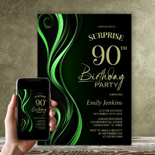 Surprise Black Green 90th Birthday Party Invitation