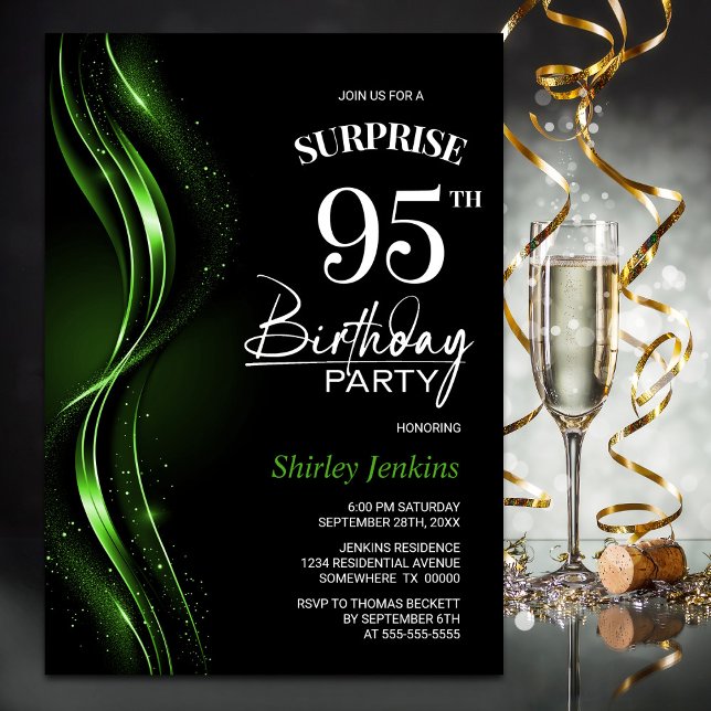 Surprise Black Green 95th Birthday Party Invitation (Creator Uploaded)
