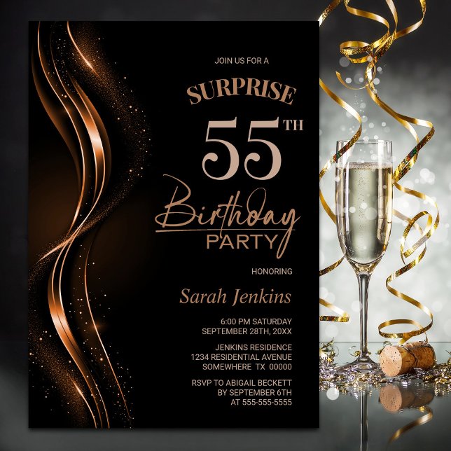 Surprise Black Orange 55th Birthday Party Invitation (Creator Uploaded)