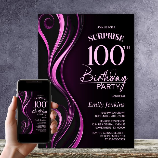 Surprise Black Pink 100th Birthday Party Invitation (Creator Uploaded)