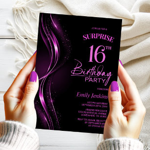 Surprise Black Pink 16th Birthday Party Invitation