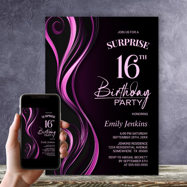 Surprise Black Pink 16th Birthday Party Invitation (Creator Uploaded)