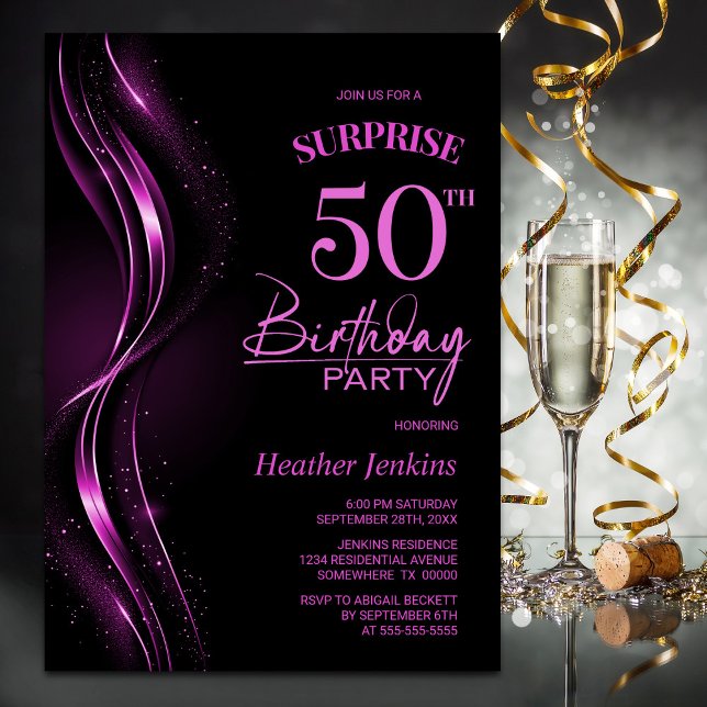 Surprise Black Pink 50th Birthday Party Invitation (Creator Uploaded)