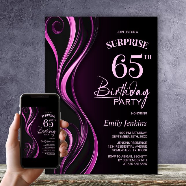 Surprise Black Pink 65th Birthday Party Invitation (Creator Uploaded)