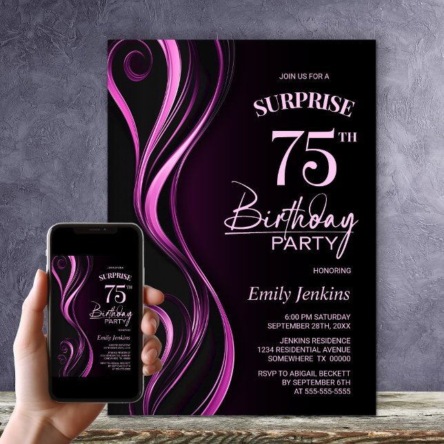 Surprise Black Pink 75th Birthday Party Invitation (Creator Uploaded)