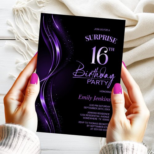 Surprise Black Purple 16th Birthday Party Invitation