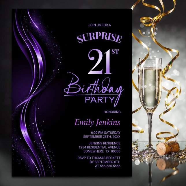 Surprise Black Purple 21st Birthday Party Invitation (Creator Uploaded)