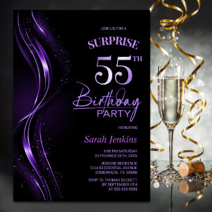 Surprise Black Purple 55th Birthday Party Invitation