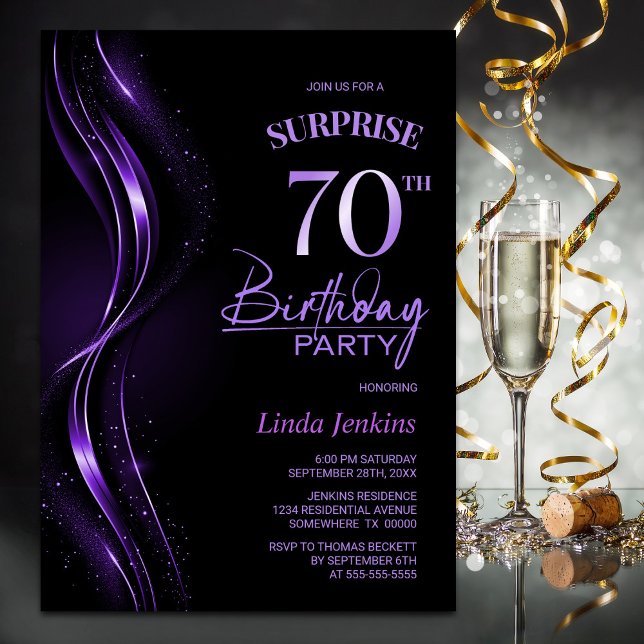 Surprise Black Purple 70th Birthday Party Invitation (Creator Uploaded)