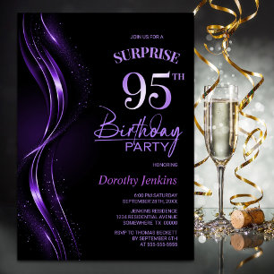 Surprise Black Purple 95th Birthday Party Invitation