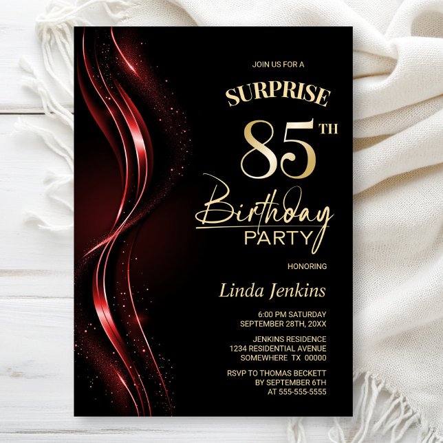 Surprise Black Red 85th Birthday Party Invitation (Creator Uploaded)