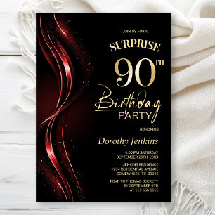 Surprise Black Red 90th Birthday Party Invitation