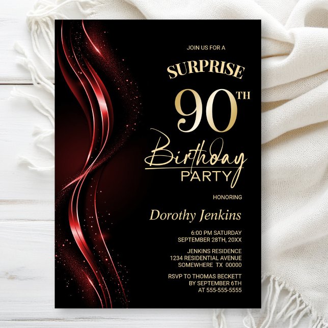 Surprise Black Red 90th Birthday Party Invitation (Creator Uploaded)