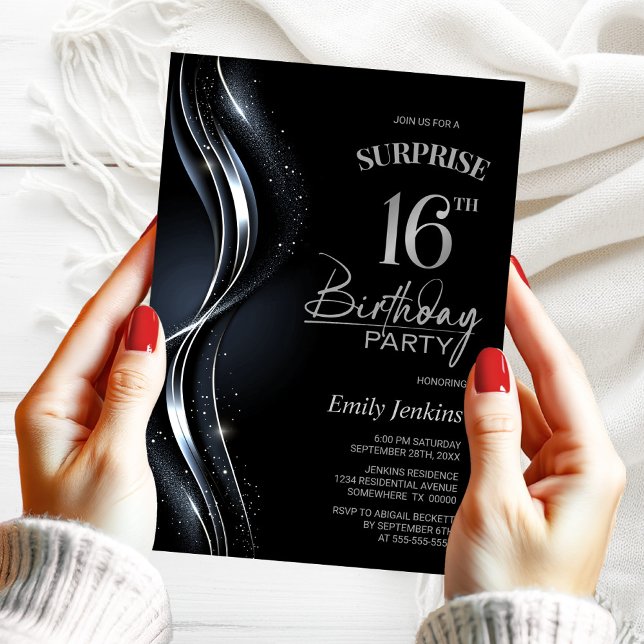 Surprise Black Silver 16th Birthday Party Invitation (Creator Uploaded)