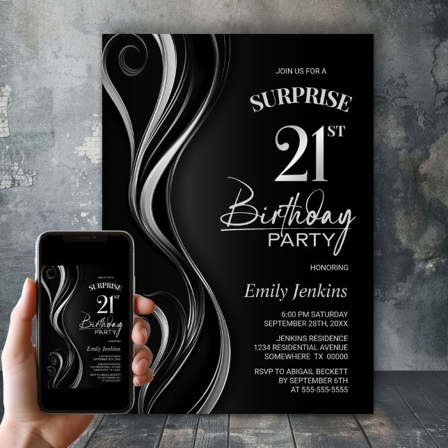 Surprise Black Silver 21st Birthday Party Invitation (Creator Uploaded)