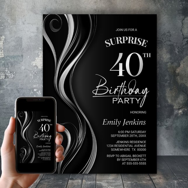 Surprise Black Silver 40th Birthday Party Invitation (Creator Uploaded)