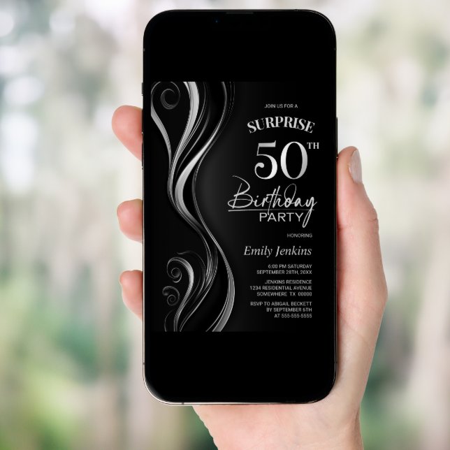 Surprise Black Silver 50th Birthday Party Invitation (Front Digital)