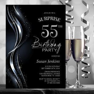 Surprise Black Silver 55th Birthday Party Invitation