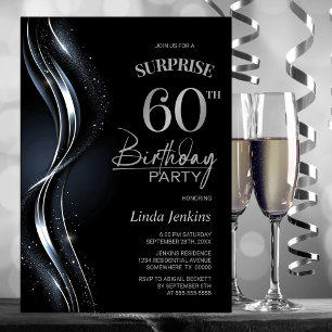 Surprise Black Silver 60th Birthday Party Invitation