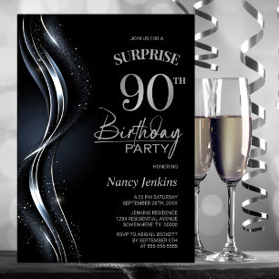 Surprise Black Silver 90th Birthday Party Invitation