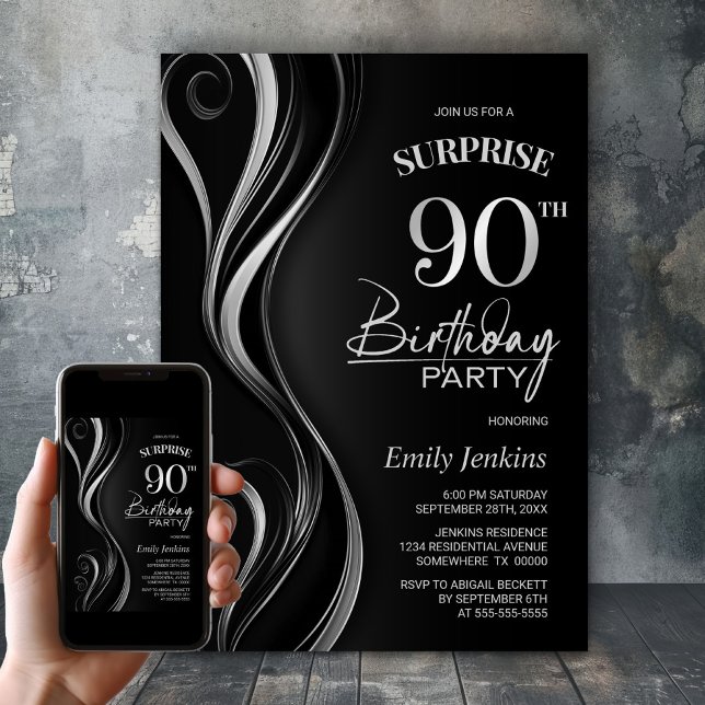 Surprise Black Silver 90th Birthday Party Invitation (Creator Uploaded)