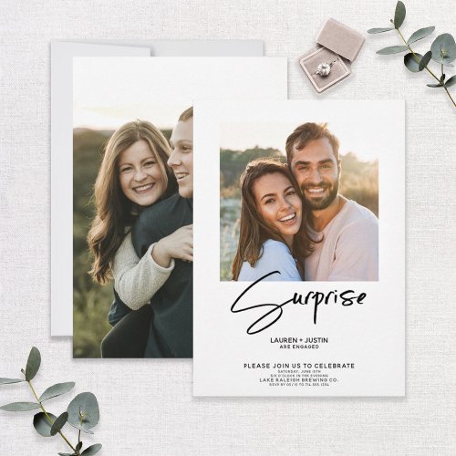 Surprise Black  White 2 Photo Engagement Party Invitation