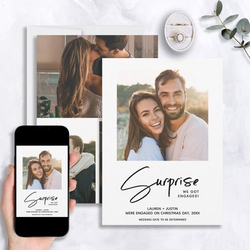 Surprise Black  White 4 Photo Engagement Invitation