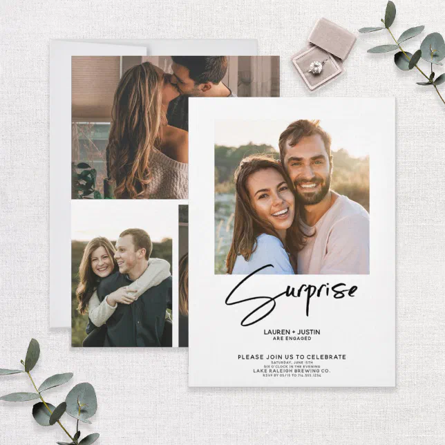 Surprise Black & White 4 Photo Engagement Party Invitation | Zazzle