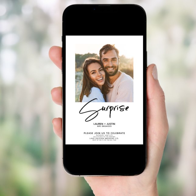 Surprise Black & White 4 Photo Engagement Party Invitation (Front Digital)