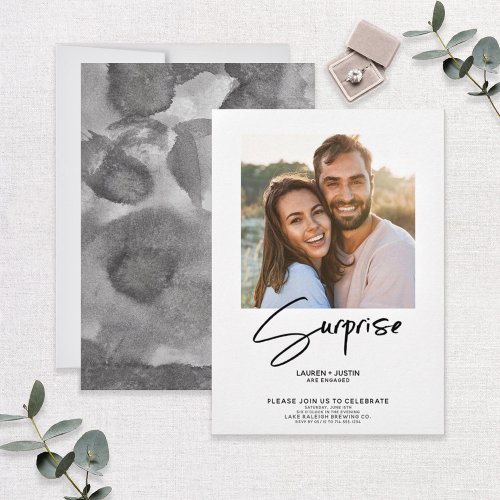 Surprise Black  White Photo Engagement  Party Invitation