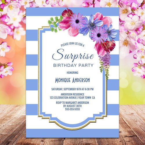 Surprise Blue Striped Floral Birthday Party Invitation