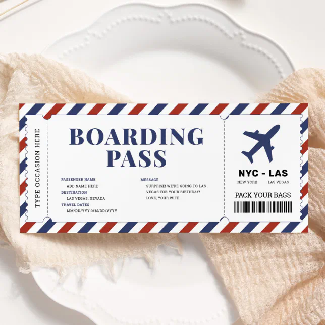 Surprise Boarding Pass Plane Gift Ticket Template | Zazzle