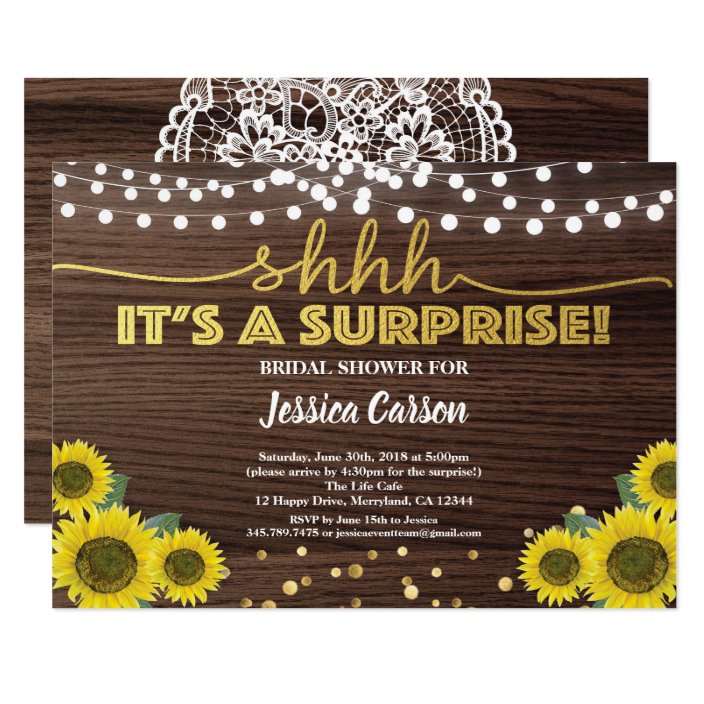 Surprise bridal shower rustic gold sunflower invitation