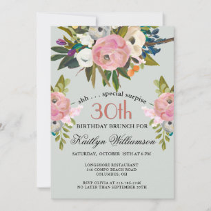 SURPRISE Brunch Elegant Floral 30th Birthday Invitation