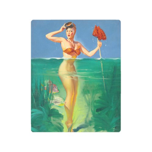 Surprise catch retro swimming pinup girl metal print