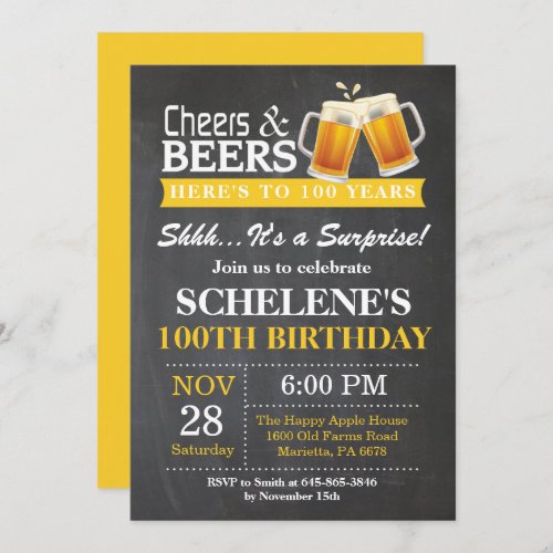 Surprise Cheers and Beers 100th Birthday Invitation