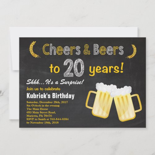 Surprise Cheers and Beers 20th Birthday Invitation