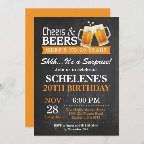 Surprise Cheers and Beers 20th Birthday Invitation