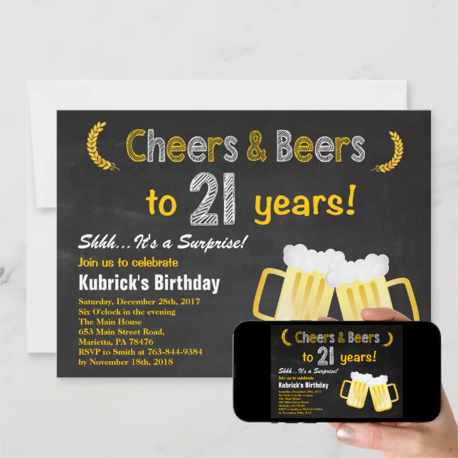 Surprise Cheers and Beers 21st Birthday Invitation | Zazzle