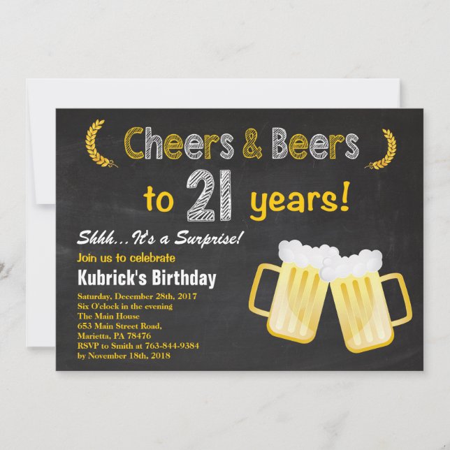 Surprise Cheers and Beers 21st Birthday Invitation (Front)