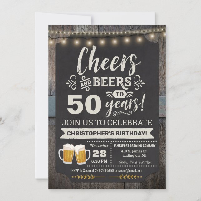 Surprise Cheers and Beers 50th Birthday Invitation (Front)