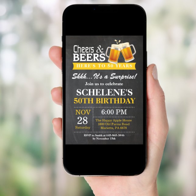Surprise Cheers and Beers 50th Birthday Invitation (Front Digital)