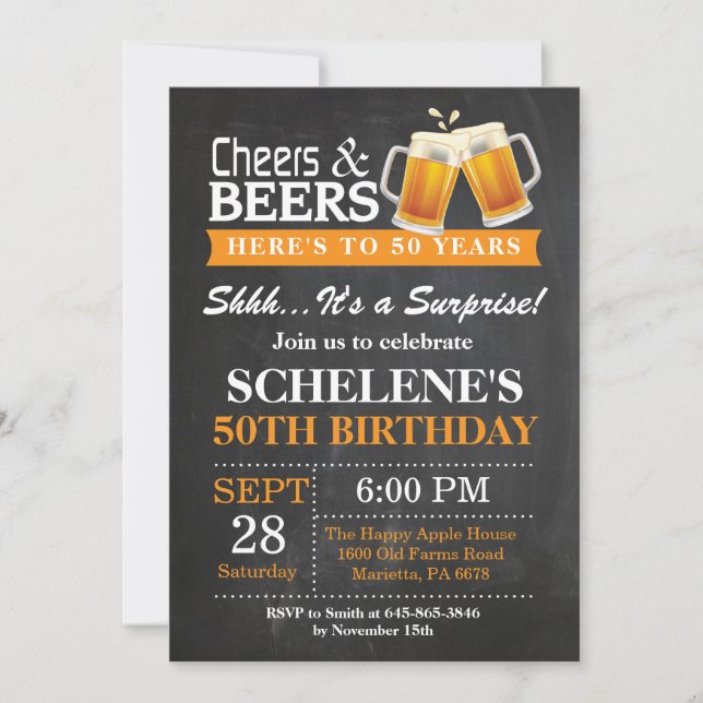 Surprise Cheers and Beers 50th Birthday Invitation (Front)