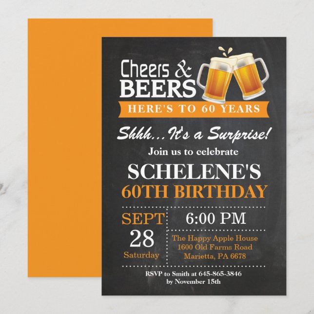 Surprise Cheers and Beers 60th Birthday Invitation (Front/Back)