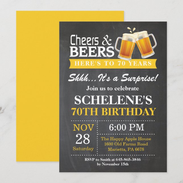 Surprise Cheers and Beers 70th Birthday Invitation (Front/Back)
