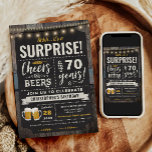 Surprise Cheers and Beers 70th Birthday Invitation<br><div class="desc">Surprise Cheers and Beers 70th Birthday Invitation featuring chalk board and lettering with customize-able age.</div>