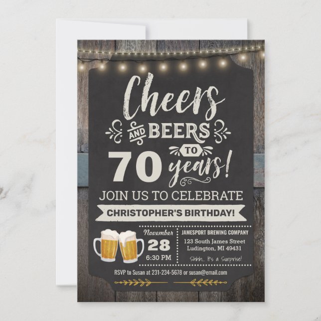 Surprise Cheers and Beers 70th Birthday Invitation (Front)