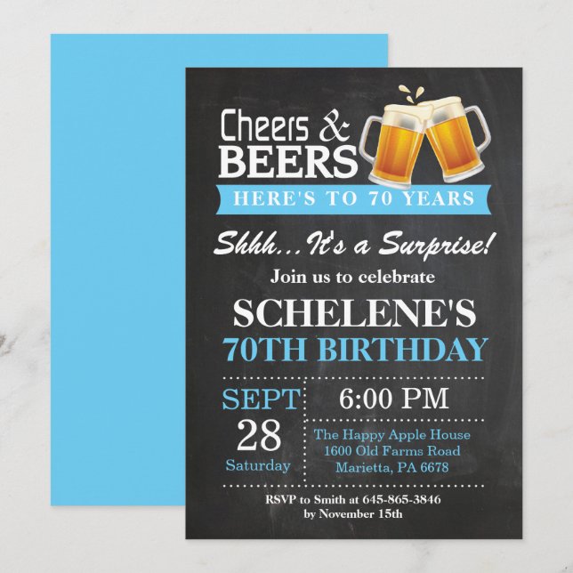Surprise Cheers and Beers 70th Birthday Invitation (Front/Back)