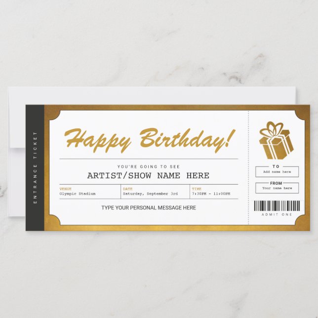 Surprise Concert Gold Gift Ticket Invitation (Front)