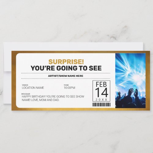 Surprise Concert Gold Gift Ticket Voucher Invitation